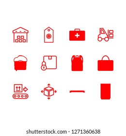 packaging icon set about package, tag, forklift and warehouse vector set