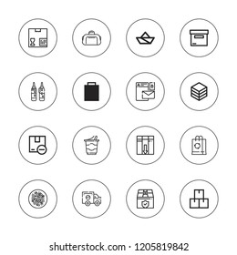 Packaging icon set. collection of 16 outline packaging icons with bag, branding, box, liquorice, package, paper ship, sauces, vegan food, truck, shopping bag icons.
