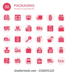 packaging icon set. Collection of 30 filled packaging icons included Package, Conveyor, Delivery truck, Energy drink, Truck, Milk, Cutter, Shopping bag, Box, Mayonnaise