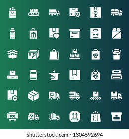 packaging icon set. Collection of 36 filled packaging icons included Box, Shopping bag, Package, Truck, Delivery truck, Conveyor, Mayonnaise, Milk, Boxes, Shampoo