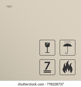 Packaging icon set of fragile care sign and symbol on brown cardboard background. Vector illustration.