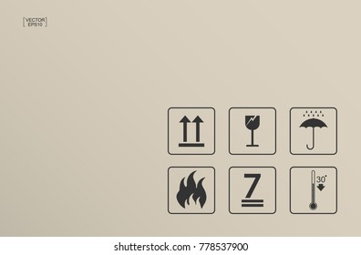 Packaging icon set of fragile care sign and symbol on brown cardboard background. Vector illustration.