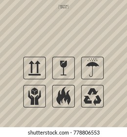 Packaging icon set of fragile care sign and symbol on brown pattern for background. Vector illustration.