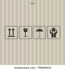 Packaging icon set of fragile care sign and symbol on brown pattern for background. Vector illustration.