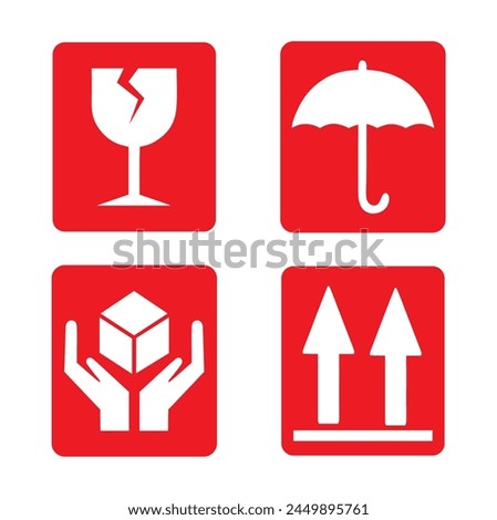 Packaging icon set of fragile care signs and symbols on a white background