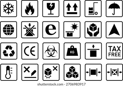 Packaging icon set. Fragile, handle with care, warning symbol. Delivery, shipping labels and stickers. Vector illustration.