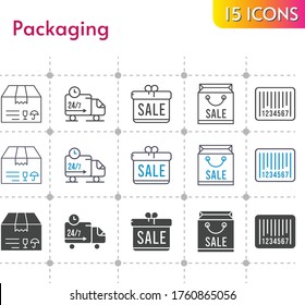 packaging icon set. included gift, shopping bag, package, delivery truck, barcode icons on white background. linear, bicolor, filled styles.