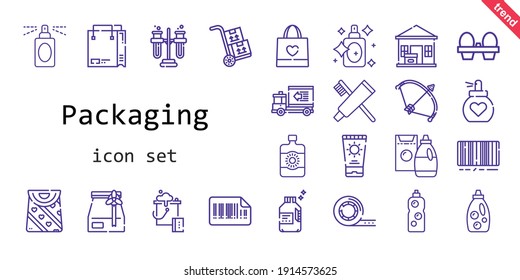 packaging icon set. line icon style. packaging related icons such as sun lotion, bag, organic eggs, delivery truck, bow, perfume, packs, bucket, detergent, shopping bag, package delivered, toothpaste