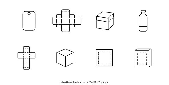 Packaging icon set - outline, box, die-cut, template, packaging symbols for design