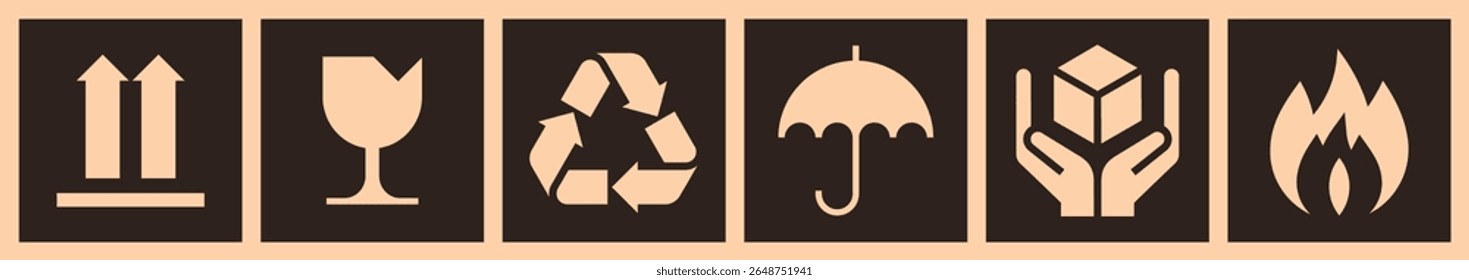 Packaging icon set - this way up, fragile, handle with care, keep dry, recycled package and flammable. Package sign labels. 
