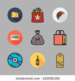 packaging icon set. vector set about shopping bag, products, compact disc and bars code icons set.