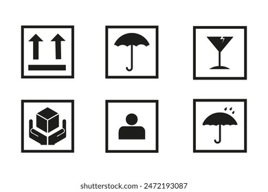  Vektorgrafik des Verpackungssymbolsatzes. Verpackungs-Symbole auf Karton-Hintergrund gesetzt.