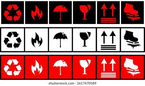 Packaging icon set warning symbols with 3 color Black, white and red. This side up, Keep dry, Handle with care, Recycled, Fragile, Packaging icon set
