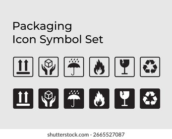 Symbolsatz für Verpackungen, Sammlung wichtiger Symbole für Verpackungen und Symbole für den Versand zerbrechlicher Waren und Hinweise zur Handhabung von Produkten