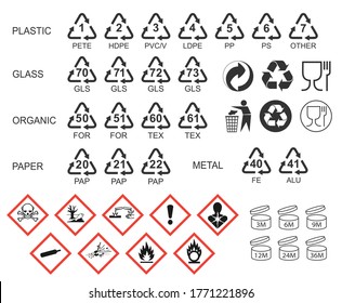 Packaging Icon Symbol Set. Package Logo Sign Collection. GHS Pictograms. Recycling Codes. Vector Illustration. Isolated On White Background.