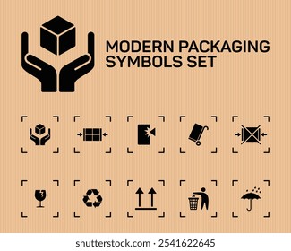 Packaging icons, modern package signs set. Fragile, handle with care, recycle, do not step, do not clamp, do not stack, this is way up, recycling trash, keep dry.