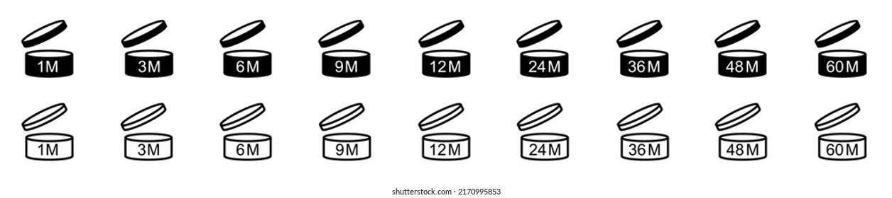 Packaging icons. Pao signs. Pao icons. Cosmetic open month life shelf. Recycling symbols. Standard signs. Plastic and more. Vector illustration