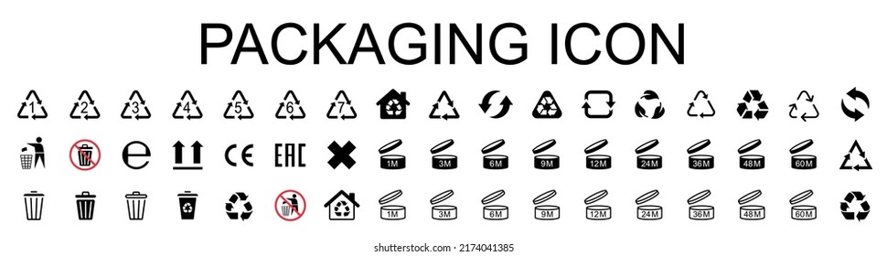 Packaging icons. Recycling symbols. Standard signs. Pao signs. Trash can icon and Recycle icons set. Trash bin. Vector illustration