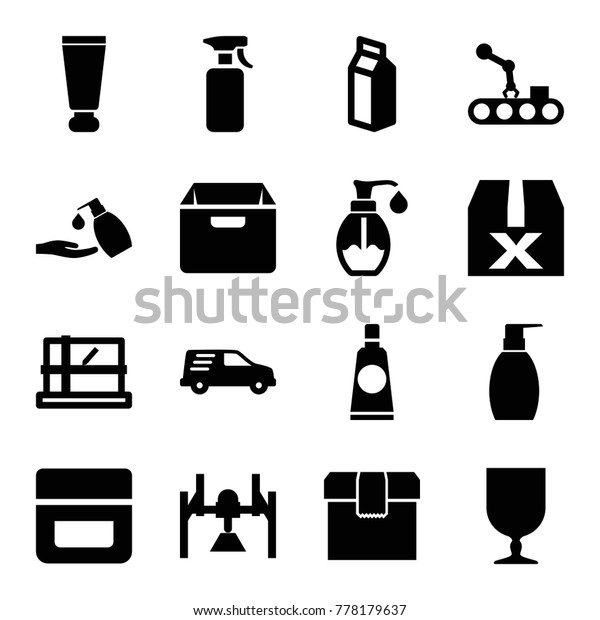 Packaging icons. set of 16\
editable filled packaging icons such as parcel, cream tube, cream,\
bottle soap, liquid soap, soap, milk, box, question box, fragile\
cargo