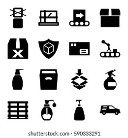 packaging icons set. Set of 16 packaging filled icons such as parcel, spray bottle, soap, bottle soap, cargo box, cargo only in box allowed, cargo insurance, delivery car