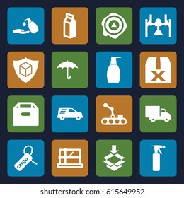 Packaging icons set. set of 16 packaging filled icons such as parcel, spray bottle, bottle soap, liquid soap, milk, cargo tag, keep dry cargo, arrow up, cargo insurance