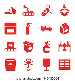 Packaging icons set. set of 16 packaging filled icons such as spray bottle, cream, liquid soap, take away food, cargo box, cargo tag, delivery car, box, conveyor