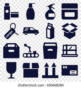Packaging icons set. set of 16 packaging filled icons such as parcel, spray bottle, cream, bottle soap, milk, cargo tag, cargo arrow up, fragile cargo, box, delivery car