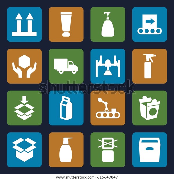 Packaging icons set. set of 16\
packaging filled icons such as cream tube, spray bottle, soap,\
bottle soap, take away food, milk, cargo arrow up, handle with\
care, box