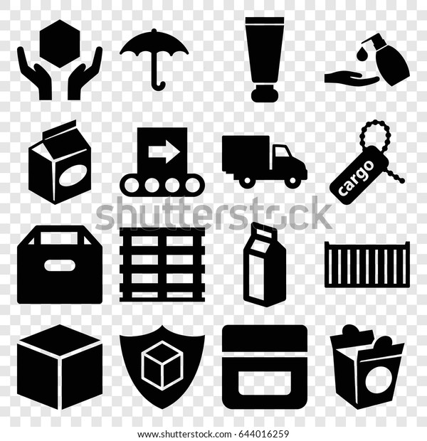 Packaging icons set. set\
of 16 packaging filled icons such as cream tube, cream, liquid\
soap, take away food, milk, cargo box, cargo tag, handle with care,\
delivery car
