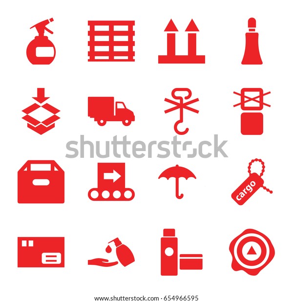 Packaging icons set. set of 16\
packaging filled icons such as spray bottle, cream tube, liquid\
soap, cargo box, cargo tag, arrow up, delivery car, box,\
conveyor
