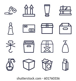 packaging icons set. Set of 16 packaging outline icons such as parcel, cream tube, soap, liquid soap, take away food, milk, cargo arrow up, no cargo warning, box