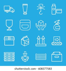 Packaging icons set. set of 16 packaging outline icons such as cream tube, spray bottle, cream, take away food, cargo box, cargo arrow up, handle with care, delivery car, box