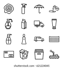 Packaging icons set. set of 16 packaging outline icons such as cream tube, spray bottle, bottle soap, liquid soap, take away food, soap, milk, cargo box, keep dry cargo