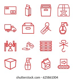 Packaging icons set. set of 16 packaging outline icons such as bottle soap, liquid soap, take away food, soap, milk, cargo box, cargo tag, no cargo warning, delivery car, box