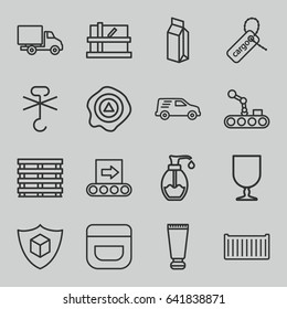 Packaging icons set. set of 16 packaging outline icons such as parcel, cream tube, cream, soap, milk, cargo box, cargo tag, arrow up, delivery car, conveyor