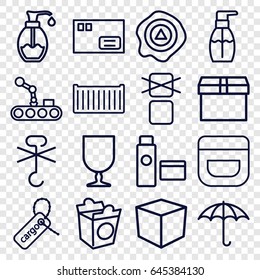 Packaging icons set. set of 16 packaging outline icons such as cream, bottle soap, take away food, soap, cargo box, cargo tag, arrow up, cream tube, conveyor and robot arm
