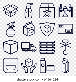 Packaging icons set. set of 16 packaging outline icons such as spray bottle, cream, bottle soap, take away food, milk, cargo box, handle with care, box, no cargo warning