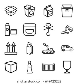 Packaging icons set. set of 16 packaging outline icons such as cream tube, cream, liquid soap, take away food, milk, cargo box, cargo arrow up, box, delivery car