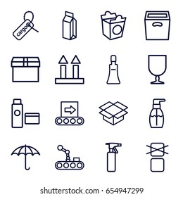 Packaging icons set. set of 16 packaging outline icons such as spray bottle, cream tube, bottle soap, take away food, milk, cargo tag, cargo arrow up, box, conveyor