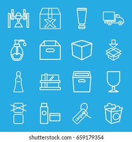 Packaging icons set. set of 16 packaging outline icons such as parcel, cream tube, take away food, soap, cargo tag, fragile cargo, cargo only in box allowed, delivery car, box