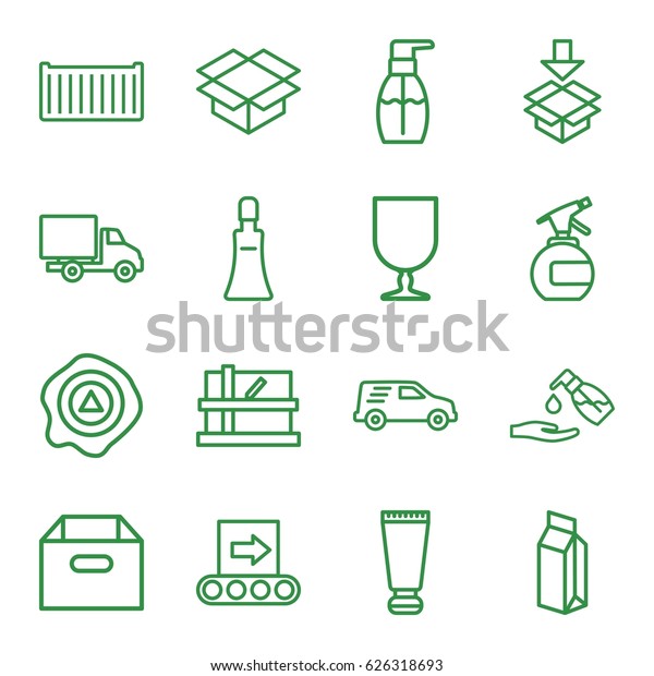 Packaging icons set. set of\
16 packaging outline icons such as parcel, cream tube, spray\
bottle, bottle soap, liquid soap, milk, cargo box, fragile cargo,\
box, arrow up