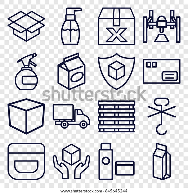 Packaging icons set. set of\
16 packaging outline icons such as spray bottle, cream, bottle\
soap, take away food, milk, cargo box, handle with care, box, no\
cargo warning