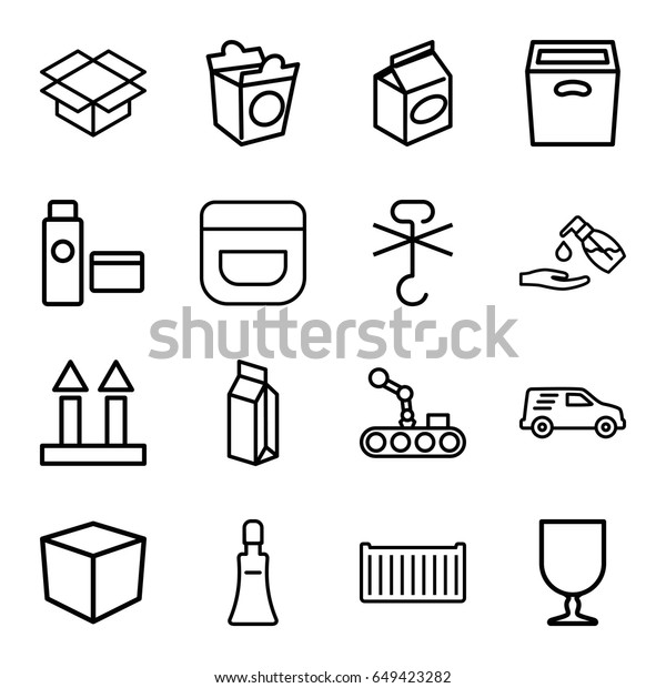 Packaging icons set. set of 16\
packaging outline icons such as cream tube, cream, liquid soap,\
take away food, milk, cargo box, cargo arrow up, box, delivery\
car