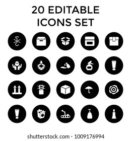 Packaging icons. set of 20 editable filled packaging icons such as cream tube, soap, cream, liquid soap, box, take away food. best quality packaging elements in trendy style.