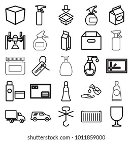Packaging icons. set of 25 editable outline packaging icons such as spray bottle, cream tube, liquid soap, box, take away food, soap, milk, cargo box, cargo tag, delivery car