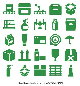 Packaging icons set. set of 25 packaging filled icons such as parcel, cream tube, spray bottle, cream, take away food, milk, cargo box, cargo arrow up, box, arrow up, conveyor