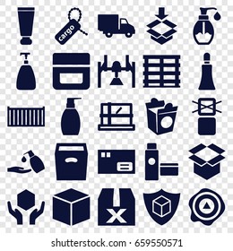 Packaging icons set. set of 25 packaging filled icons such as parcel, cream tube, soap, cream, bottle soap, liquid soap, take away food, cargo box, cargo tag, handle with care