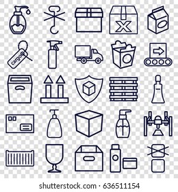 Packaging icons set. set of 25 packaging outline icons such as spray bottle, soap, cream tube, bottle soap, take away food, cargo box, cargo tag, delivery car, conveyor