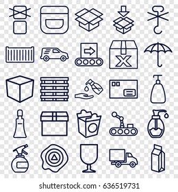 Packaging icons set. set of 25 packaging outline icons such as spray bottle, soap, cream tube, cream, liquid soap, take away food, milk, cargo box, keep dry cargo, box