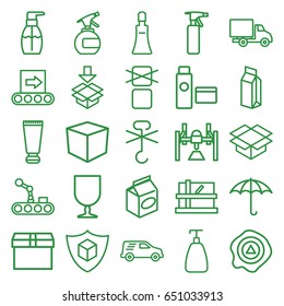 Packaging icons set. set of 25 packaging outline icons such as parcel, cream tube, spray bottle, soap, bottle soap, take away food, milk, keep dry cargo, fragile cargo, box